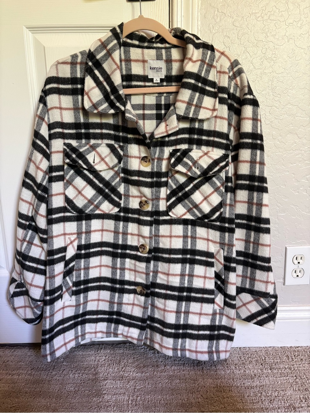 kensie Cream Plaid Button-Front Utility Jacket with Black & Brown Checks